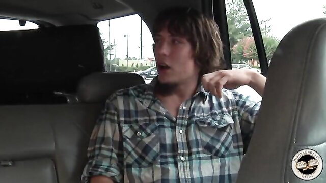 Mason Brooks shirtless in car, ready for black cock anal