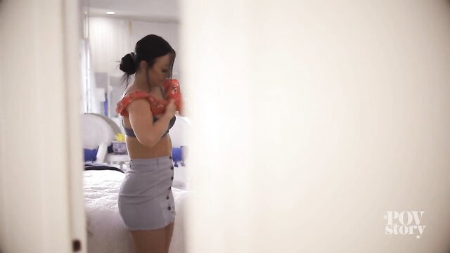 Jennifer White in sexy red lingerie and mini skirt, POV bedroom tease