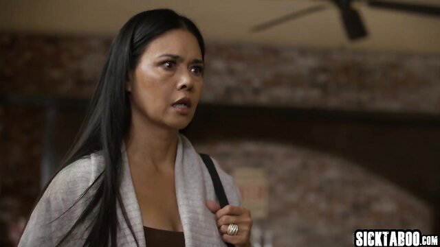 Stunning Asian MILF in gray cardigan looking shocked, Coco Lovelock wife swap