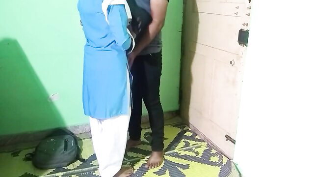 Indian college girl in salwar kameez pressed against door by horny guy