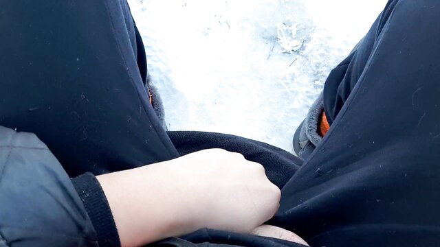 Hot girl hand in pants masturbating outdoors in snow