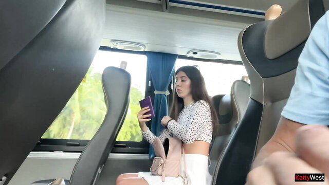 Kathy West in crop top skirt selfie on crowded bus risky public tease