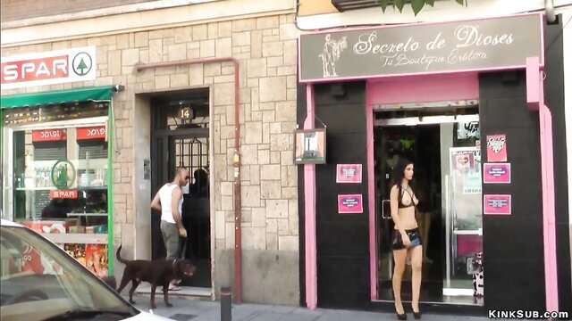 Brunette babe bare boobs exposed outside lingerie shop public tease