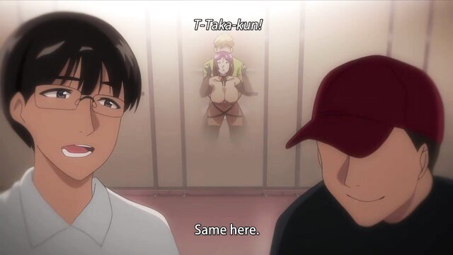 Japanese JAV guys watch busty green-haired hentai girl in lingerie