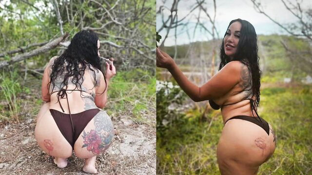 Tattooed Latina BBW stepsis big ass in thong bikini outdoors