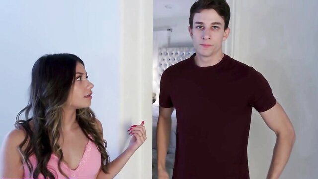 XxLayna Marie in pink lingerie seduces stepbro by door
