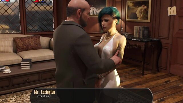 Bald man embracing a green-haired woman in white dress