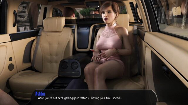 Asian babe in pink dress sits in luxury car, getting tattoos