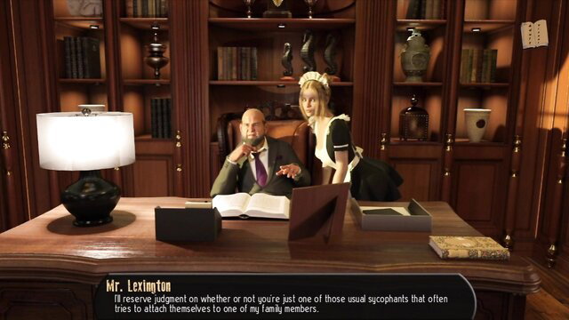 Lexington speaks to a maid in his office