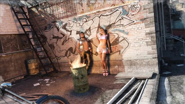 Hot busty white girl in skimpy pink bikini poses with buff tattooed guy by fire in urban alley