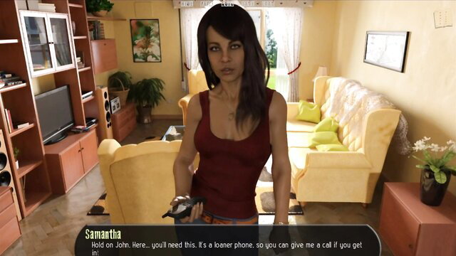 Samantha brunette offers phone in tight tank top, Halfway House 60