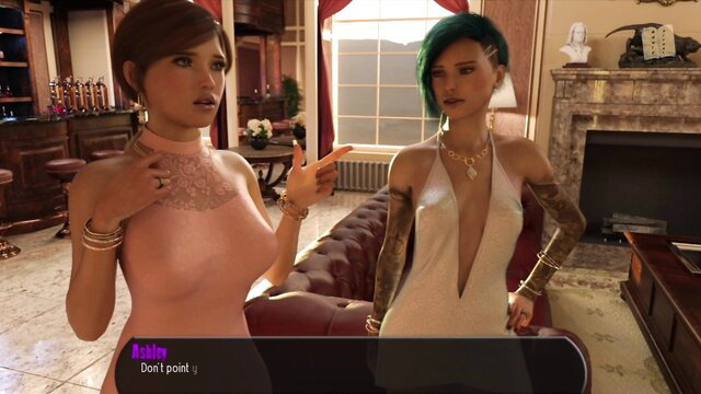Two busty women in sexy dresses arguing in luxurious room