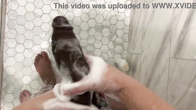Cum4dadddy soapy handjob in shower, big black cock lathered up