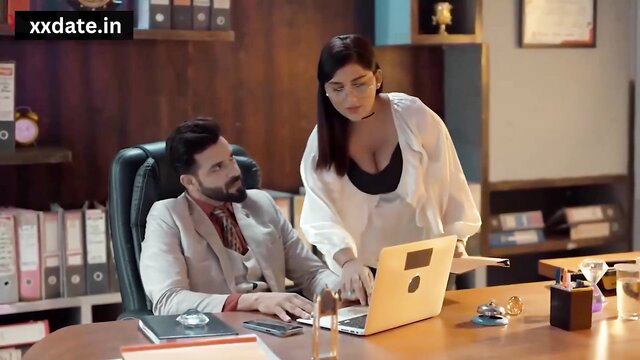 Indian boss fucks curvy Reena in office, white top cleavage tease
