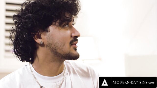 Curly-haired Latino guy in white tee from Modern Day Sins Jade Valentine vid