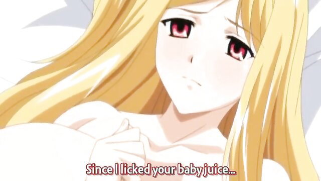 Blonde anime hentai girl with red eyes after licking cum, roommates fun