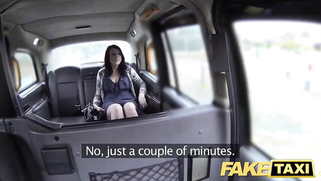 Fake Taxi brunette in tight dress sits in cab ready for ride