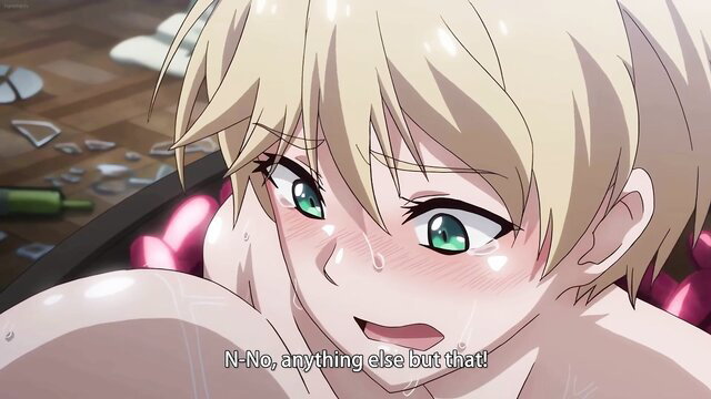 Blonde trap hentai boy with stomach bulge, flushed face in extreme penetration scene