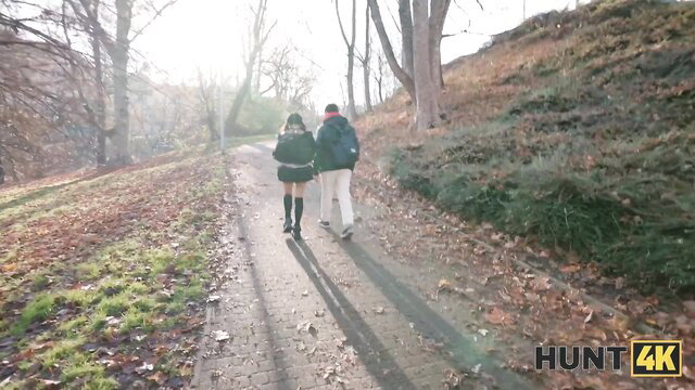 Petite Japanese tourist Sakura walks with BF in woods, Hunt4K
