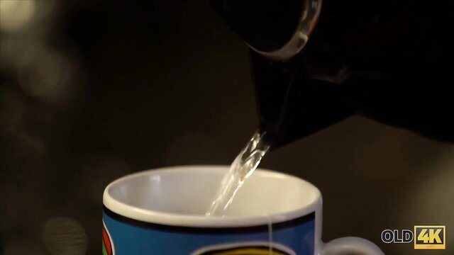 Morning Star blonde pouring tea in mug morning sex scene Old4K