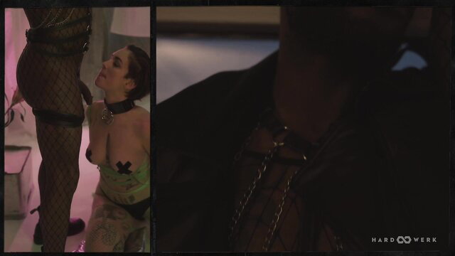 HardWerk Triptychon 4: Curvy brunette in fishnets licks neck of collared man