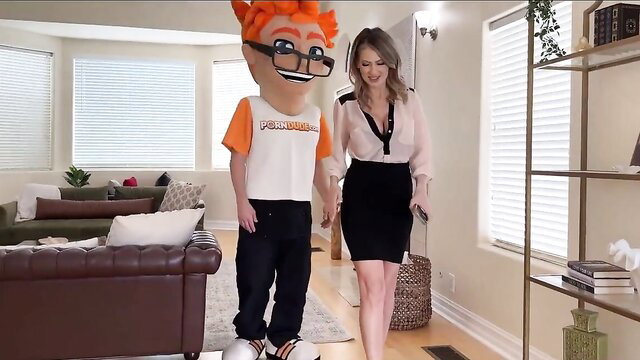 Sexy brunette Gigi in sheer blouse mini skirt with mascot dude ready to fuck