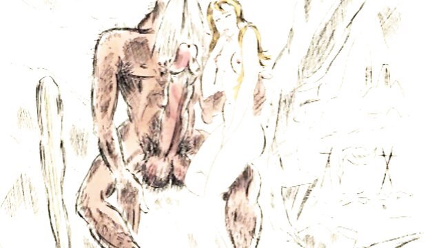 Retro erotic art of nude blonde woman with muscular hairy man in embrace