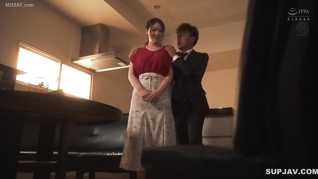 Sayuri Hayama in red top & skirt embraced by suited boss in NTR JAV