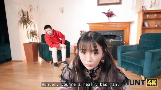 Petite Japanese Sakura calls bad man Hunter as BF watches nearby