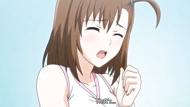 Cute brown-haired anime girl blushing with open mouth in tank top, hentai tennis tease