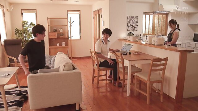 Asian sister-in-law Mukai in tight top at kitchen bar with men