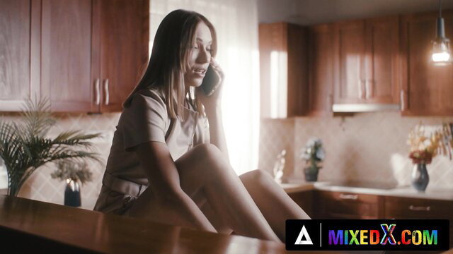 Blonde stepsister in dress on phone in kitchen, hot MixedX threesome