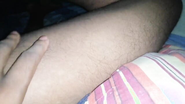 Man's hairy leg and ass in black underwear on bed XXX