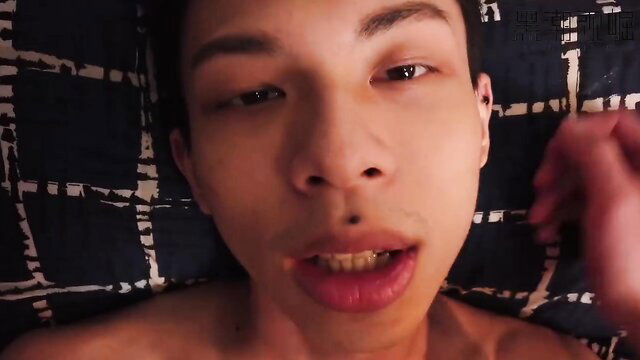 Mixed Asian twink lying nude on bed, POV closeup lips and chest in Part Time Boyfriend video