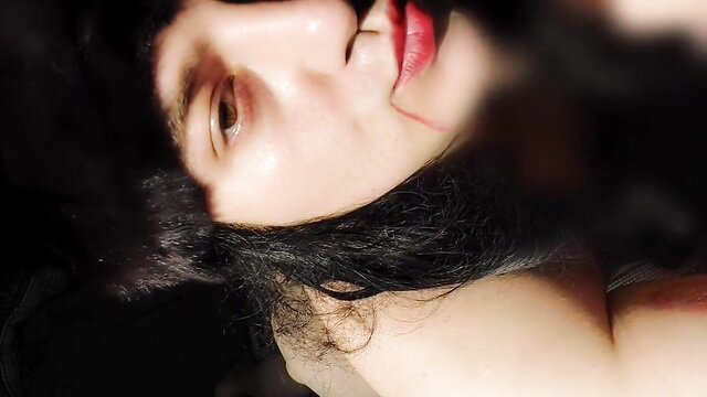 Chubby crossdresser femboy with big tits and red lips closeup