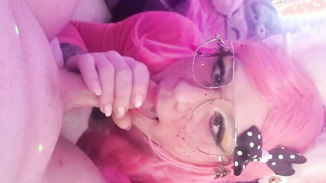 Pink-haired femboy in glasses sucks cock, cums twice, swallows loads
