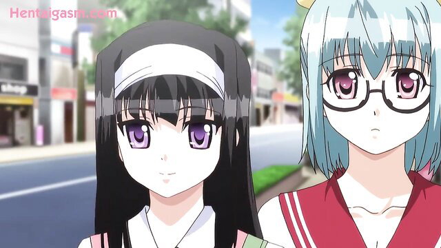 Two cute anime girls, black-haired with headband and blue-haired with glasses, outdoors