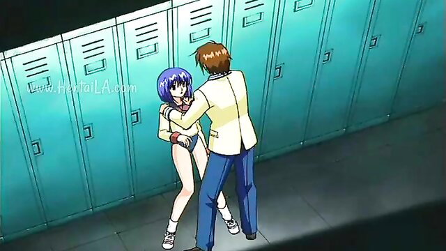 Blue-haired anime hentai girl groped by guy in school lockers