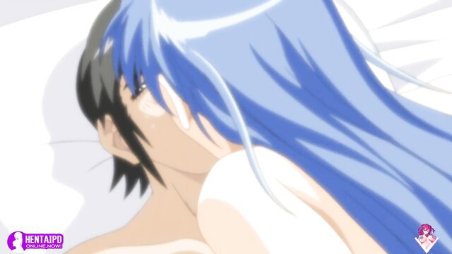 Blue-haired anime hentai girl in bed with black-haired guy, mature horny lady