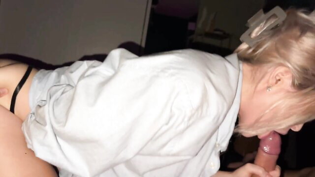 Blonde teen neighbor sucks cock bent over in white shirt and thong