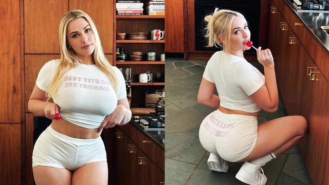 Blonde bombshell in tight white crop top and shorts, big tits and ass tease