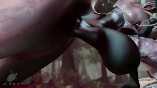 3D hentai elf worships massive black monster cock in forest