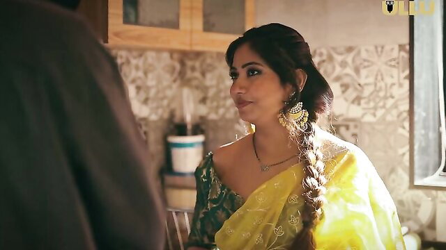 Indian Bharti Mam in yellow saree, deep cleavage, kitchen tease