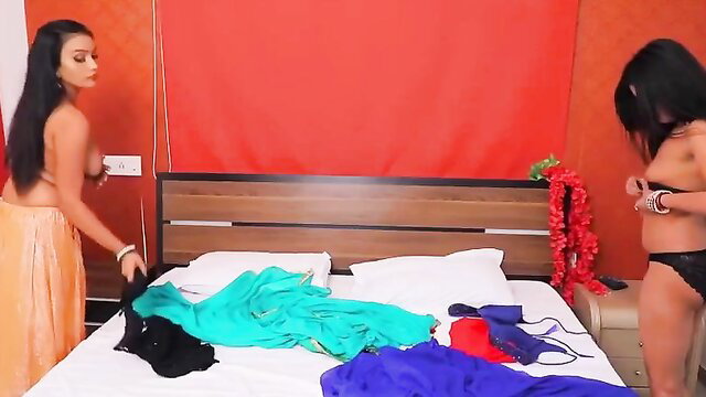 Naughty Indian lesbians in lingerie undressing on bed hot porn