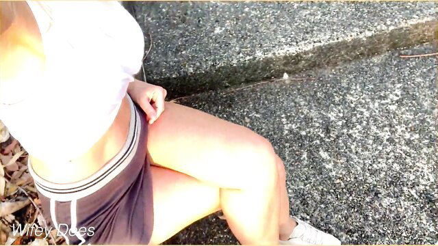 Hot girl in tiny skirt no panties, pussy flash upskirt on stairs