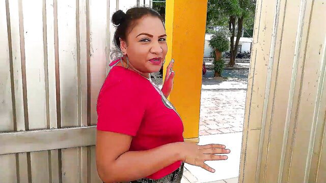 Horny Latina stepsister Penelope Olsen poses outdoors in tight red top, exhibitionist tease
