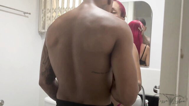 Melissalisboa redhead embracing muscular black man in lingerie bathroom mirror