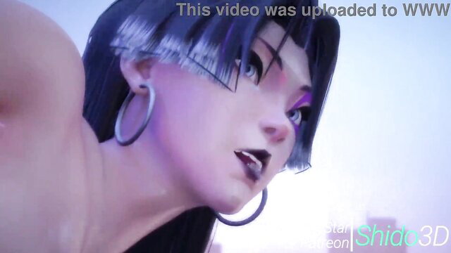 Psylocke closeup with purple hair, hoop earrings, glossy lips