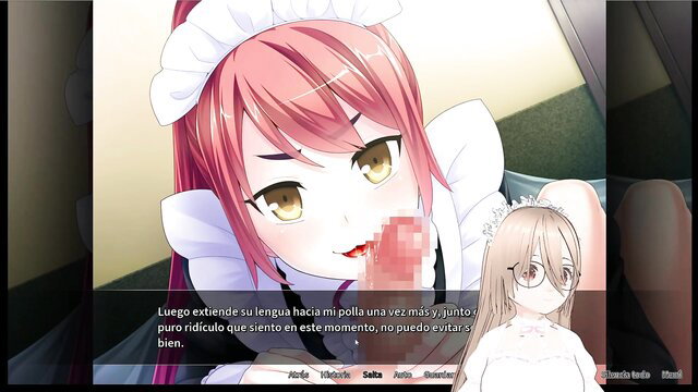 Pink-haired maid licks censored cock in Otoko Orgy at Maid Boy Manor hentai gameplay