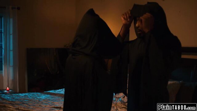 Little Puck as sexy MILF ghost in black hood, haunted bedroom tease